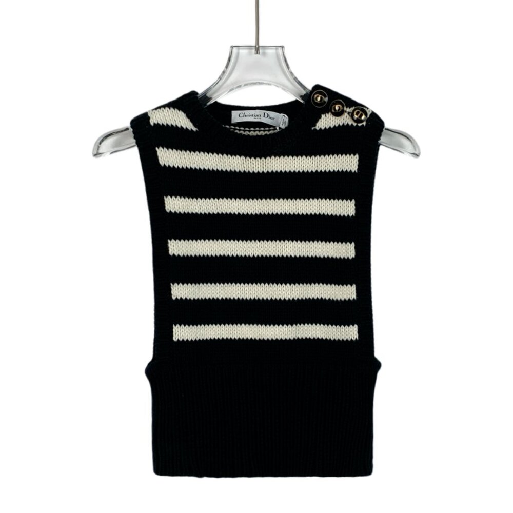 CW0098 Christian Dior Black Striped Cotton Sleeveless Knit Vest 34 XXS